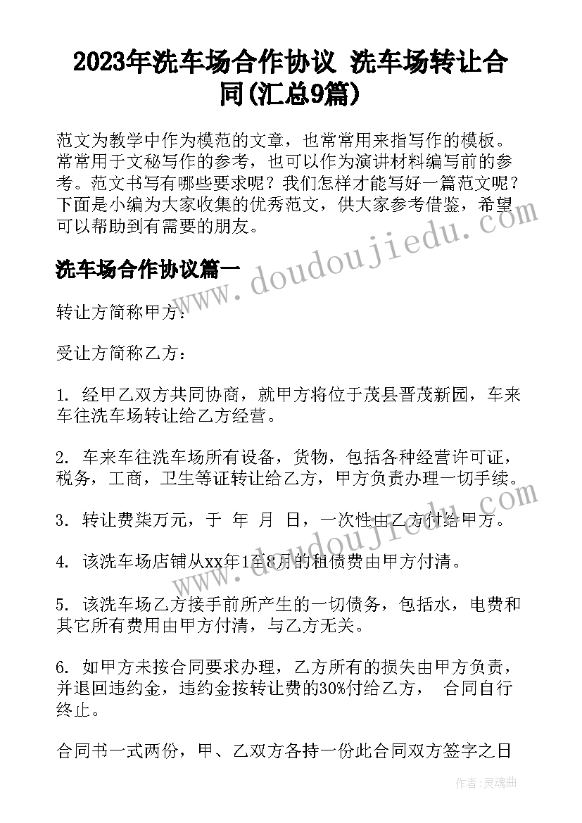 2023年洗车场合作协议 洗车场转让合同(汇总9篇)