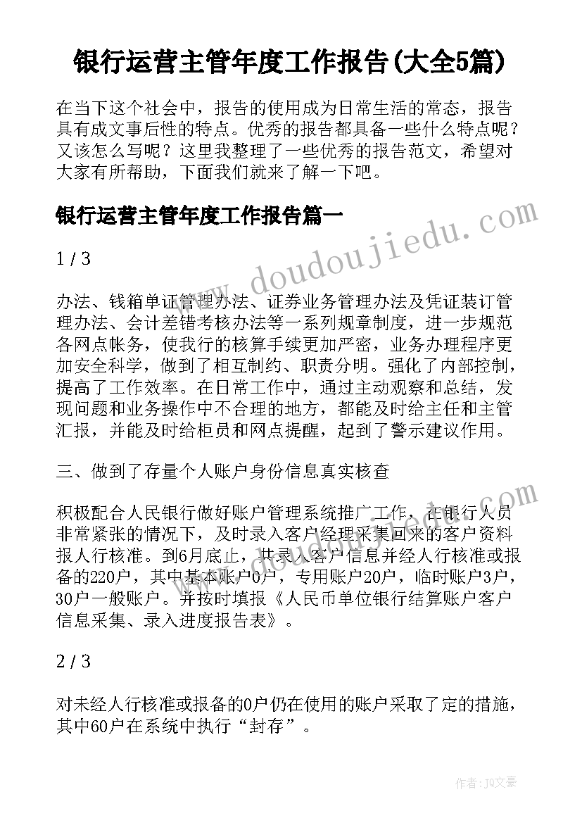 银行运营主管年度工作报告(大全5篇)