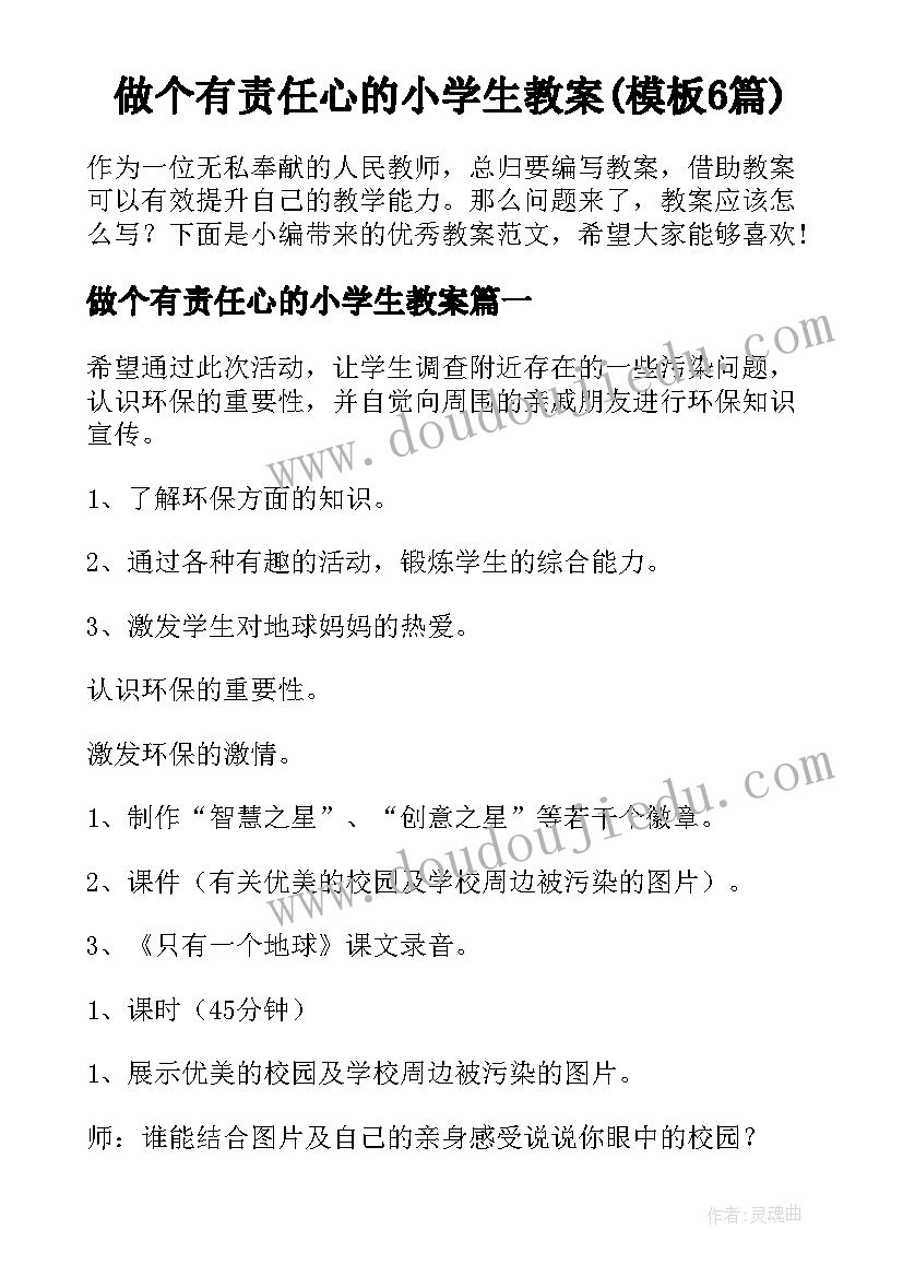 做个有责任心的小学生教案(模板6篇)