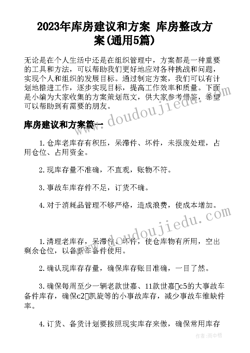 2023年库房建议和方案 库房整改方案(通用5篇)