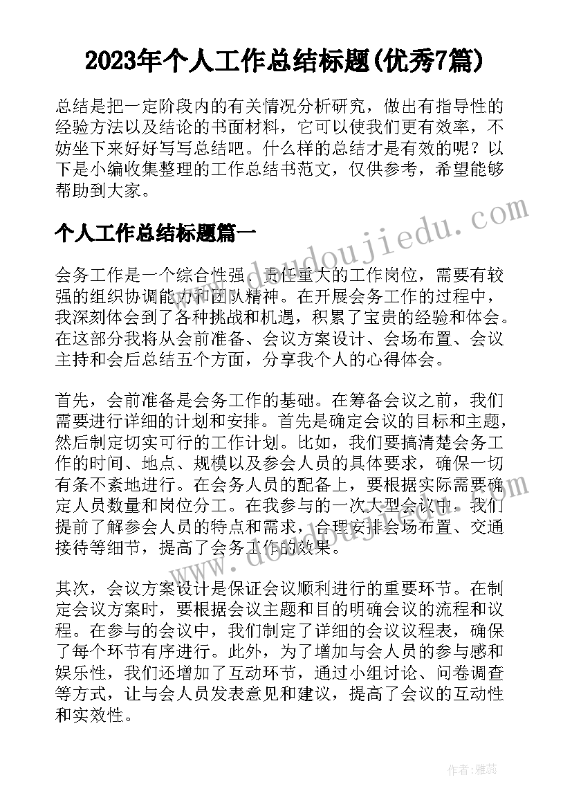 2023年个人工作总结标题(优秀7篇)