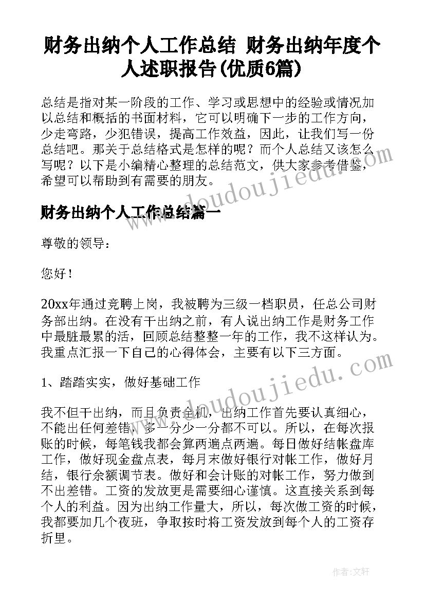 财务出纳个人工作总结 财务出纳年度个人述职报告(优质6篇)