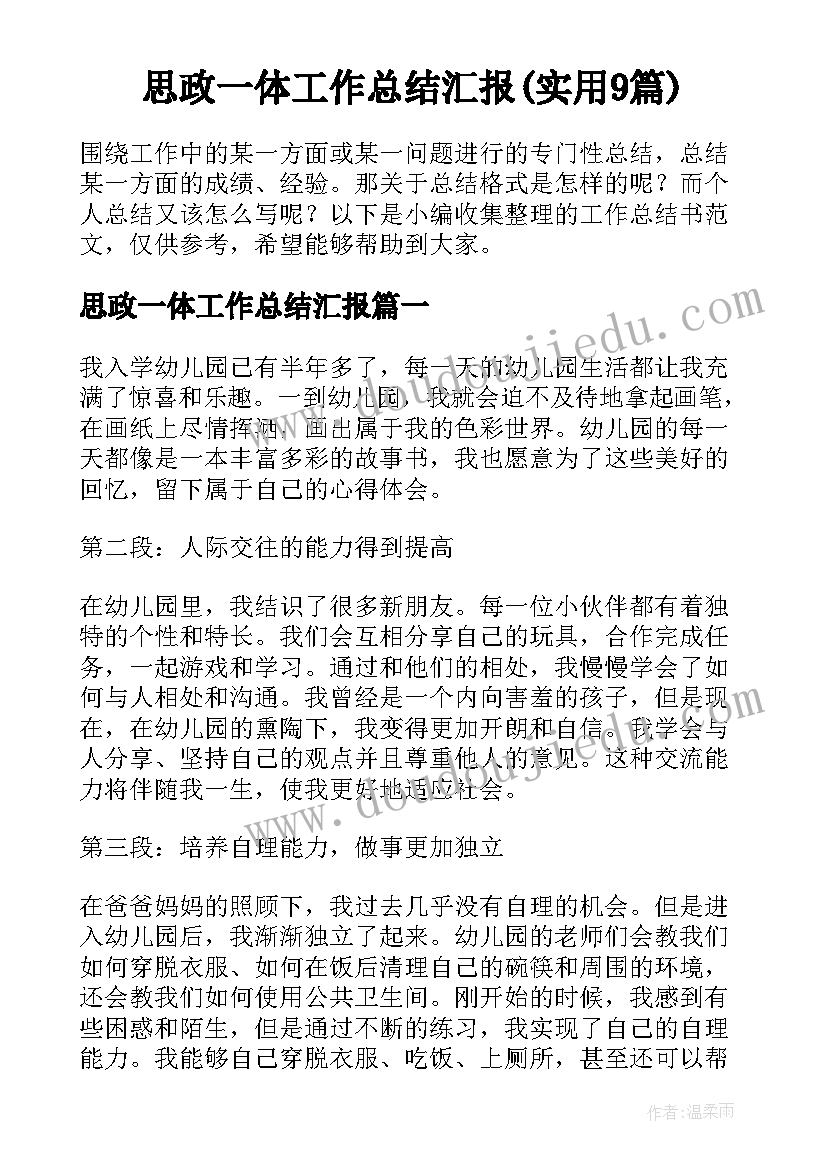 思政一体工作总结汇报(实用9篇)