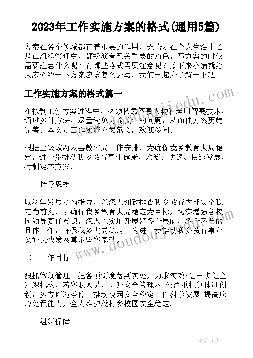 2023年工作实施方案的格式(通用5篇)