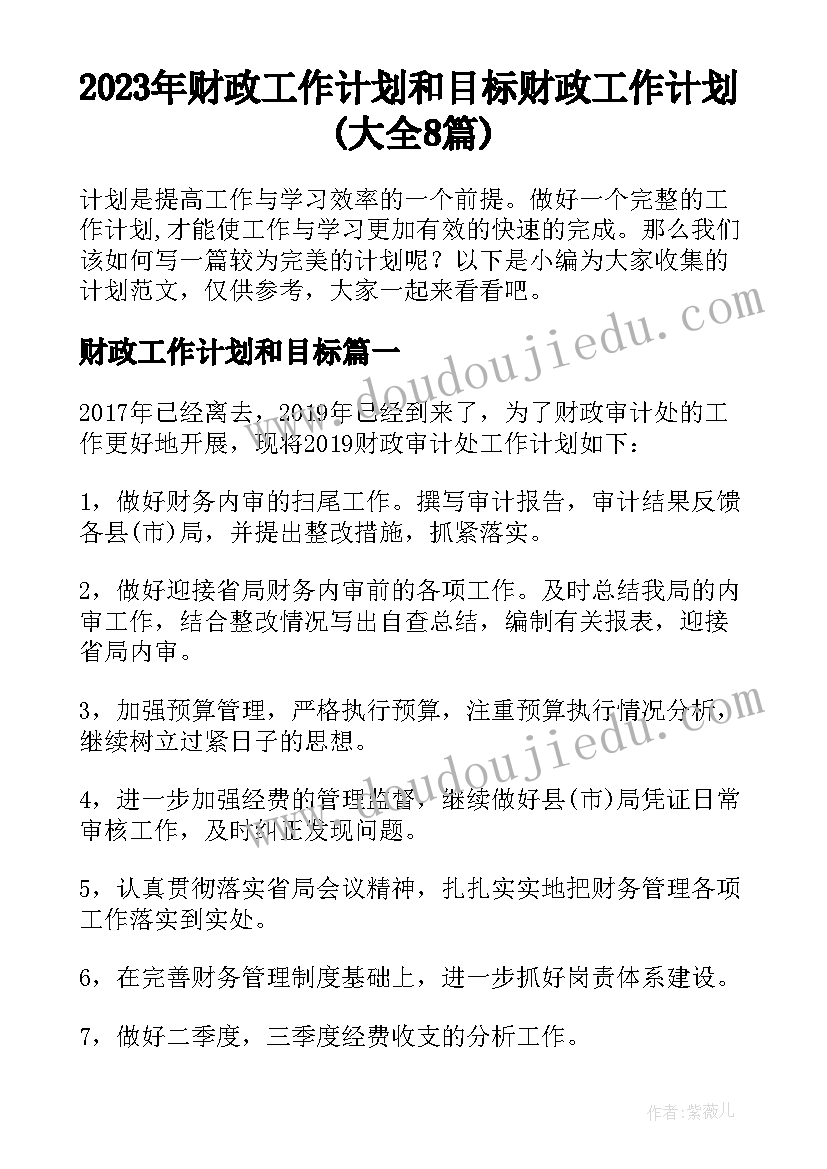 2023年财政工作计划和目标 财政工作计划(大全8篇)