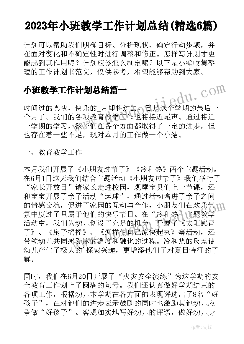 2023年小班教学工作计划总结(精选6篇)