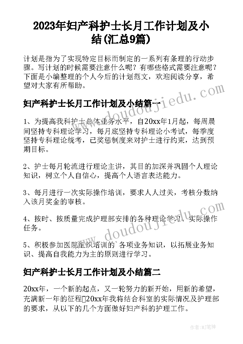 2023年妇产科护士长月工作计划及小结(汇总9篇)