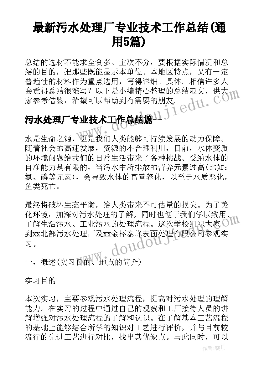 最新污水处理厂专业技术工作总结(通用5篇)