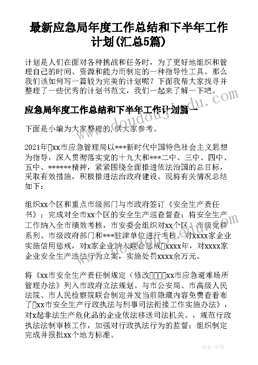 最新应急局年度工作总结和下半年工作计划(汇总5篇)