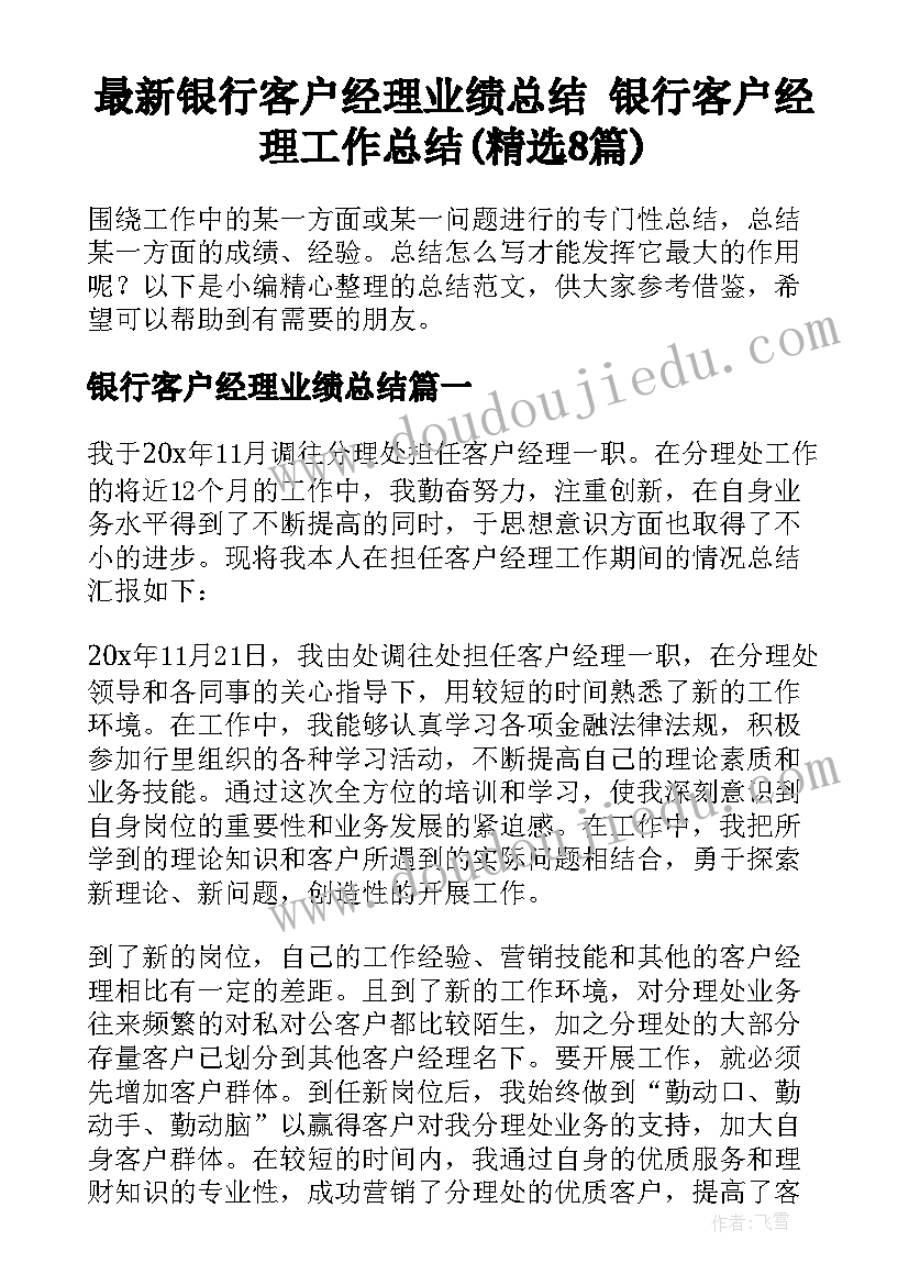 最新银行客户经理业绩总结 银行客户经理工作总结(精选8篇)