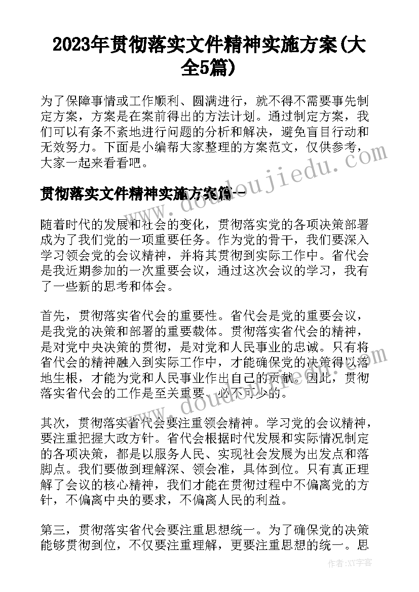 2023年贯彻落实文件精神实施方案(大全5篇)