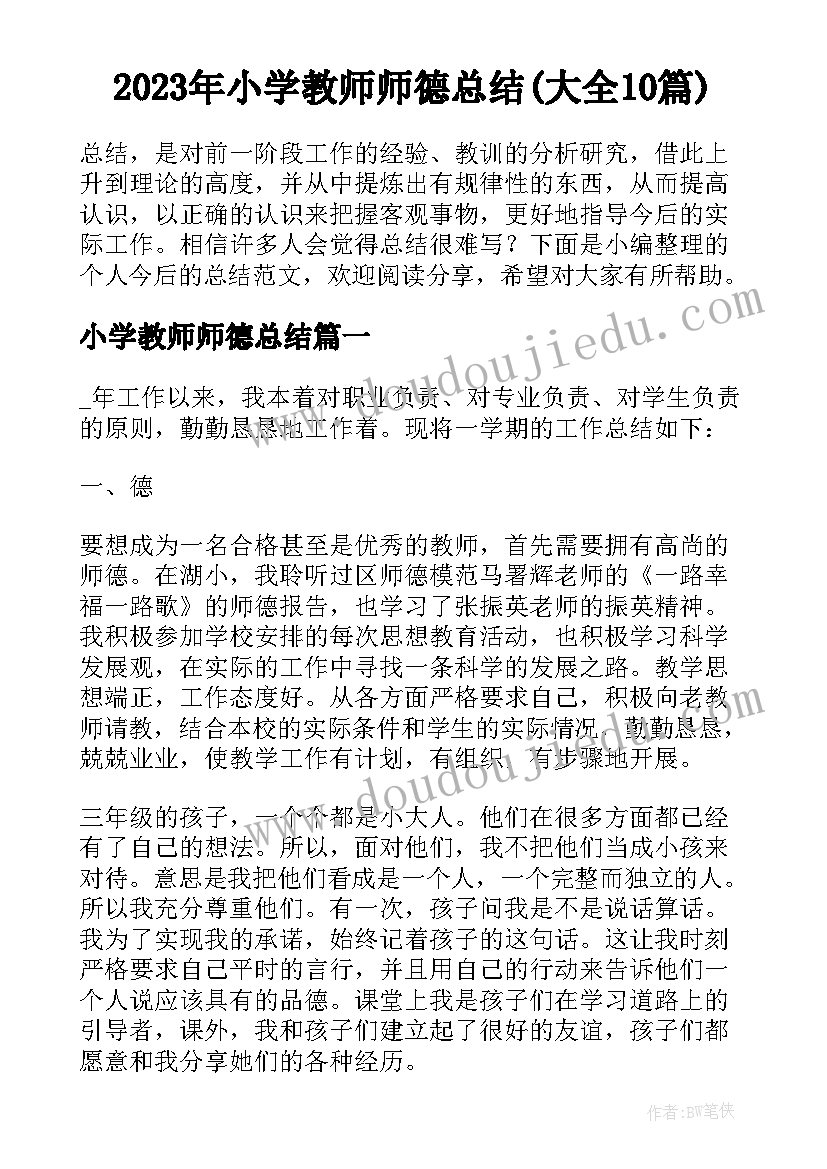 2023年小学教师师德总结(大全10篇)