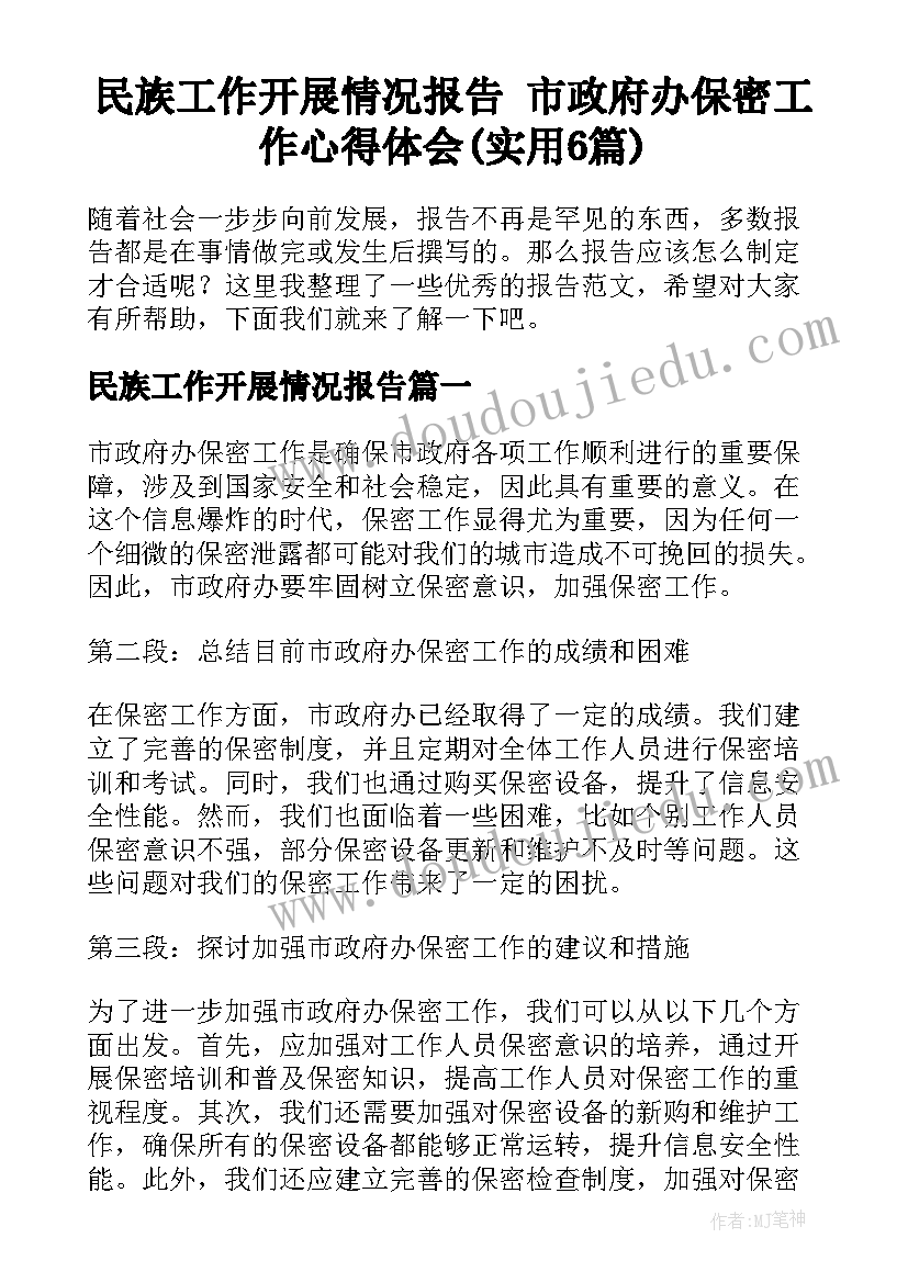 民族工作开展情况报告 市政府办保密工作心得体会(实用6篇)