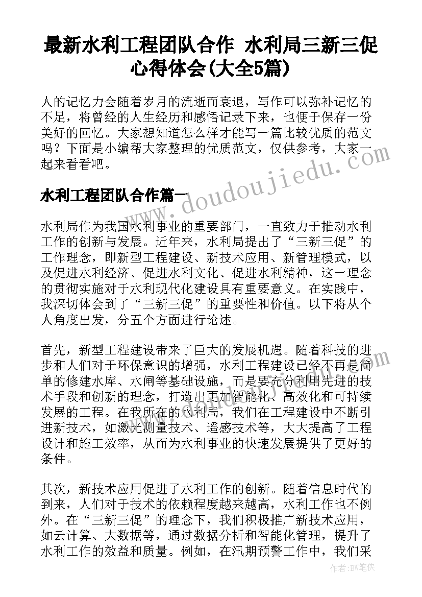 最新水利工程团队合作 水利局三新三促心得体会(大全5篇)