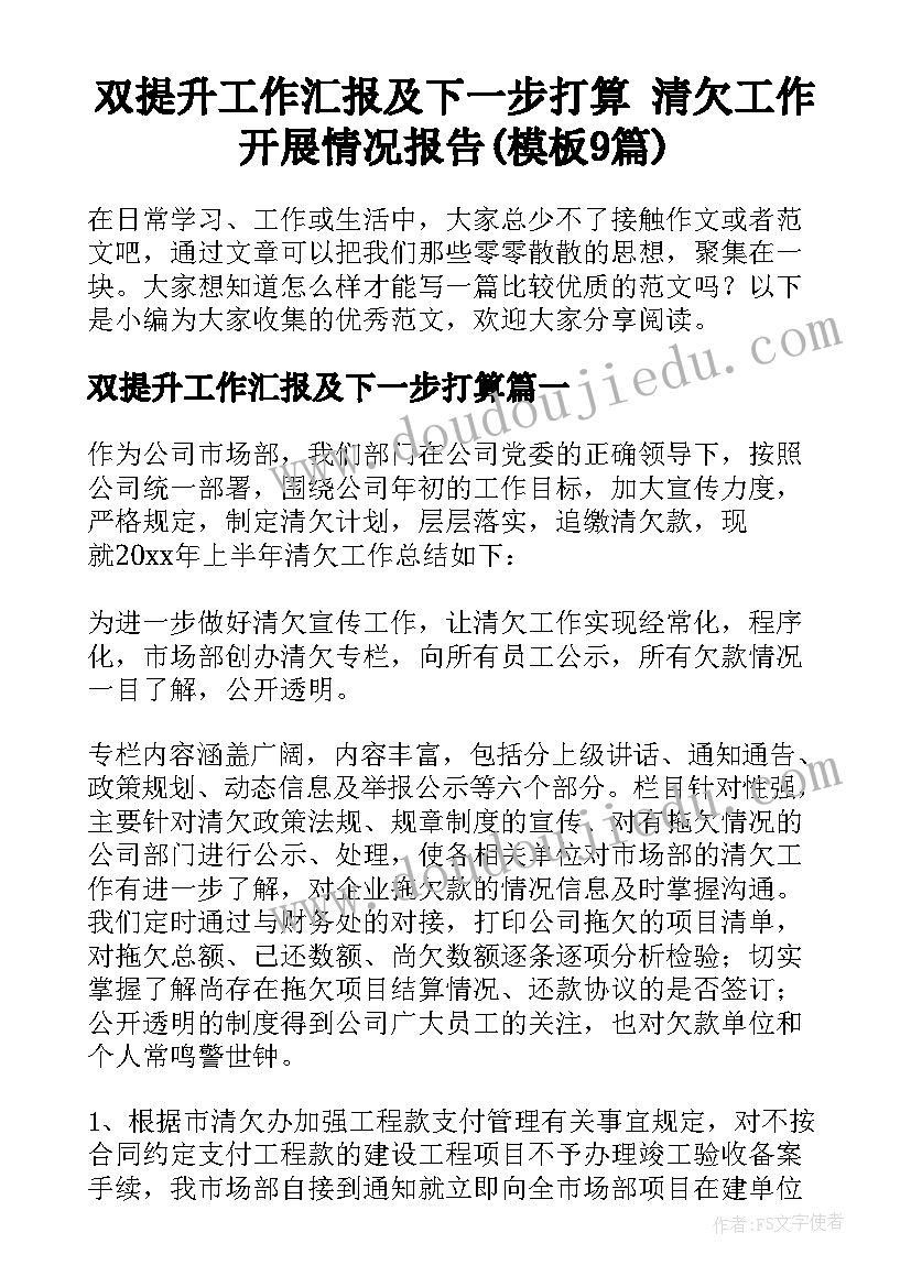 双提升工作汇报及下一步打算 清欠工作开展情况报告(模板9篇)