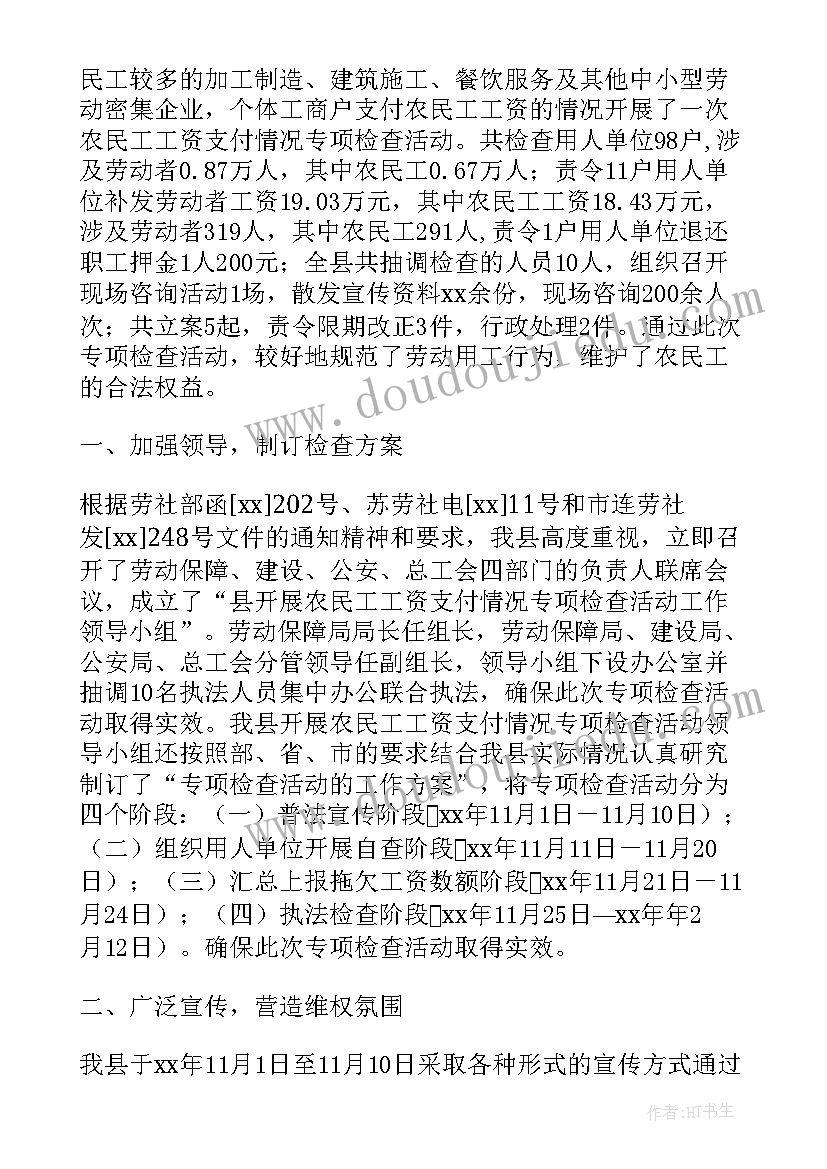 2023年执行农民工工资的情况报告 农民工工资支付情况专项检查报告(模板5篇)