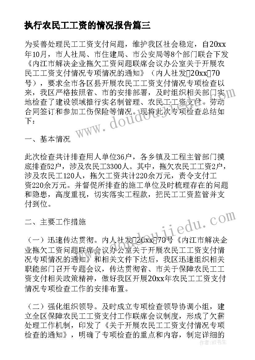 2023年执行农民工工资的情况报告 农民工工资支付情况专项检查报告(模板5篇)