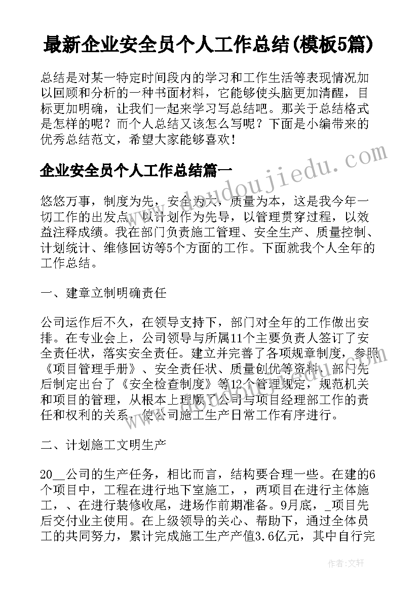 最新企业安全员个人工作总结(模板5篇)