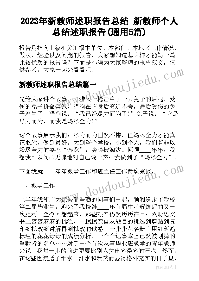 2023年新教师述职报告总结 新教师个人总结述职报告(通用5篇)