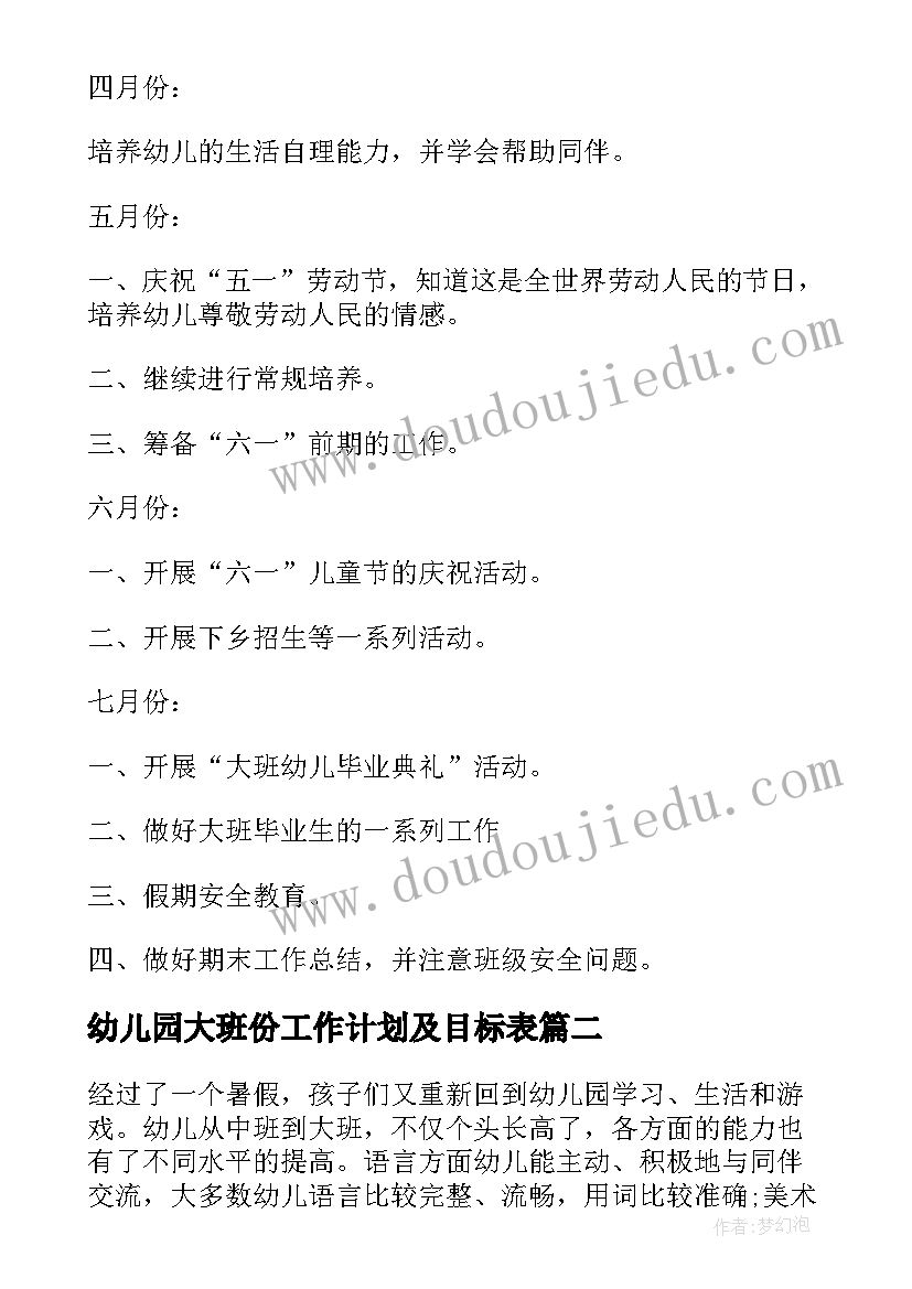 最新幼儿园大班份工作计划及目标表(模板5篇)