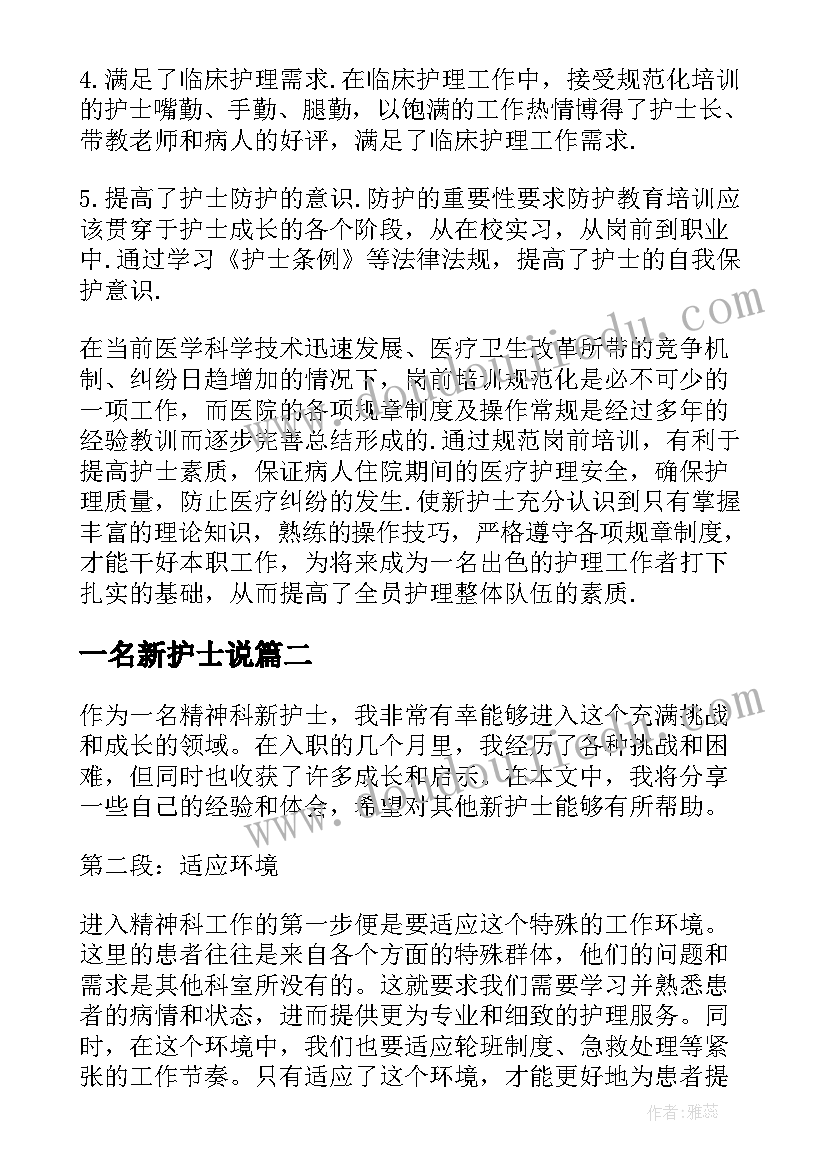 最新一名新护士说 新护士工作计划(模板5篇)