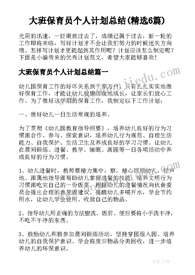 大班保育员个人计划总结(精选6篇)