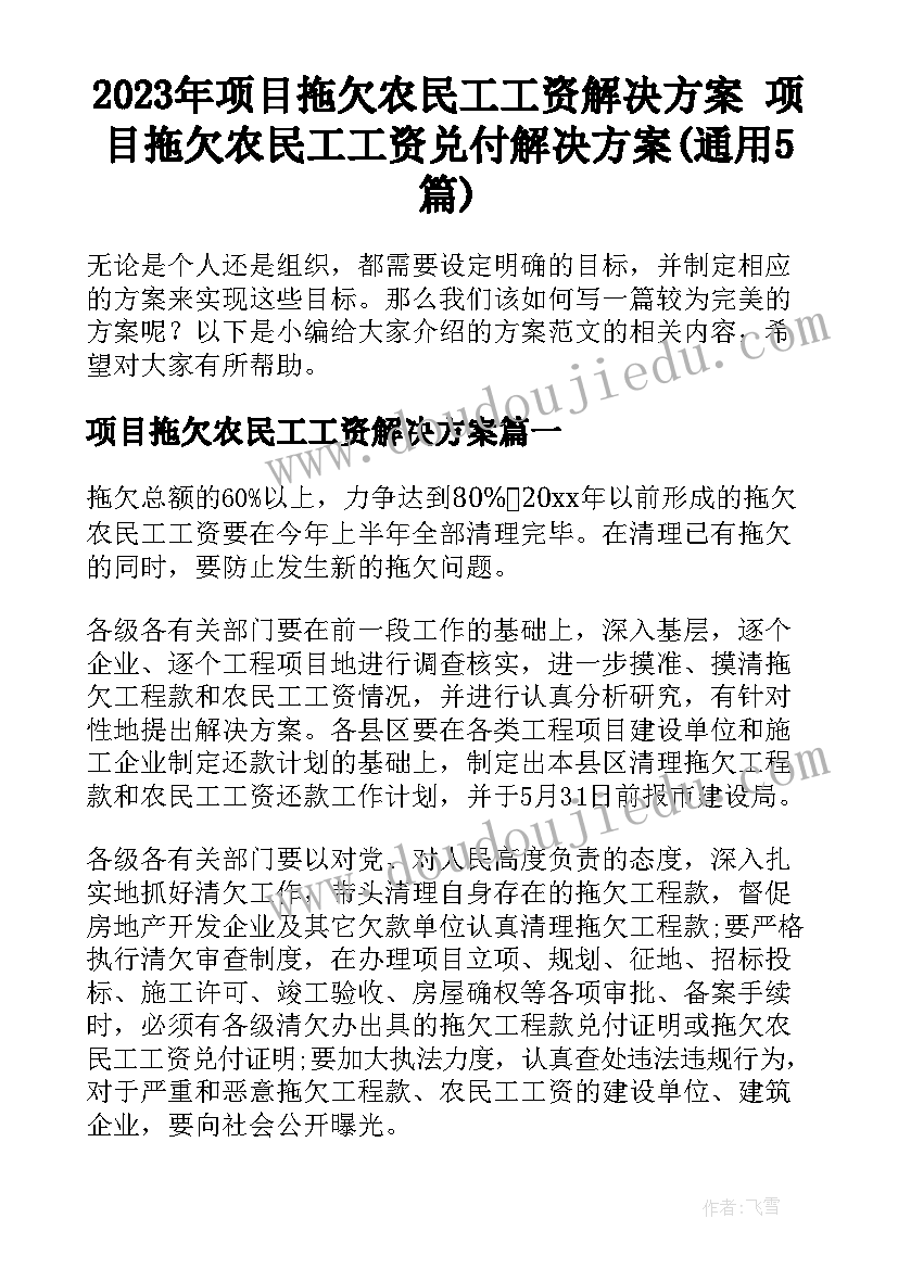 2023年项目拖欠农民工工资解决方案 项目拖欠农民工工资兑付解决方案(通用5篇)