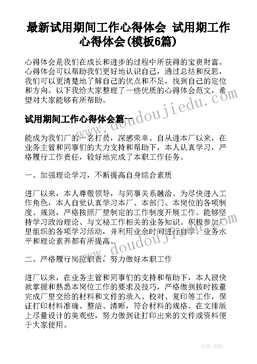 最新试用期间工作心得体会 试用期工作心得体会(模板6篇)