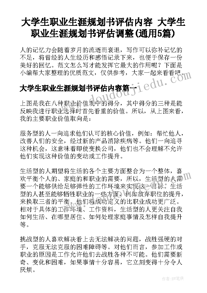 大学生职业生涯规划书评估内容 大学生职业生涯规划书评估调整(通用5篇)