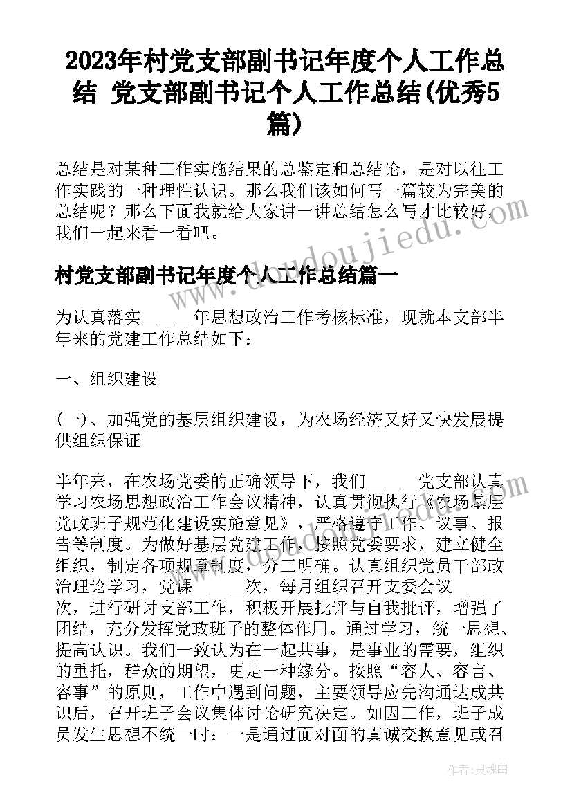 2023年村党支部副书记年度个人工作总结 党支部副书记个人工作总结(优秀5篇)