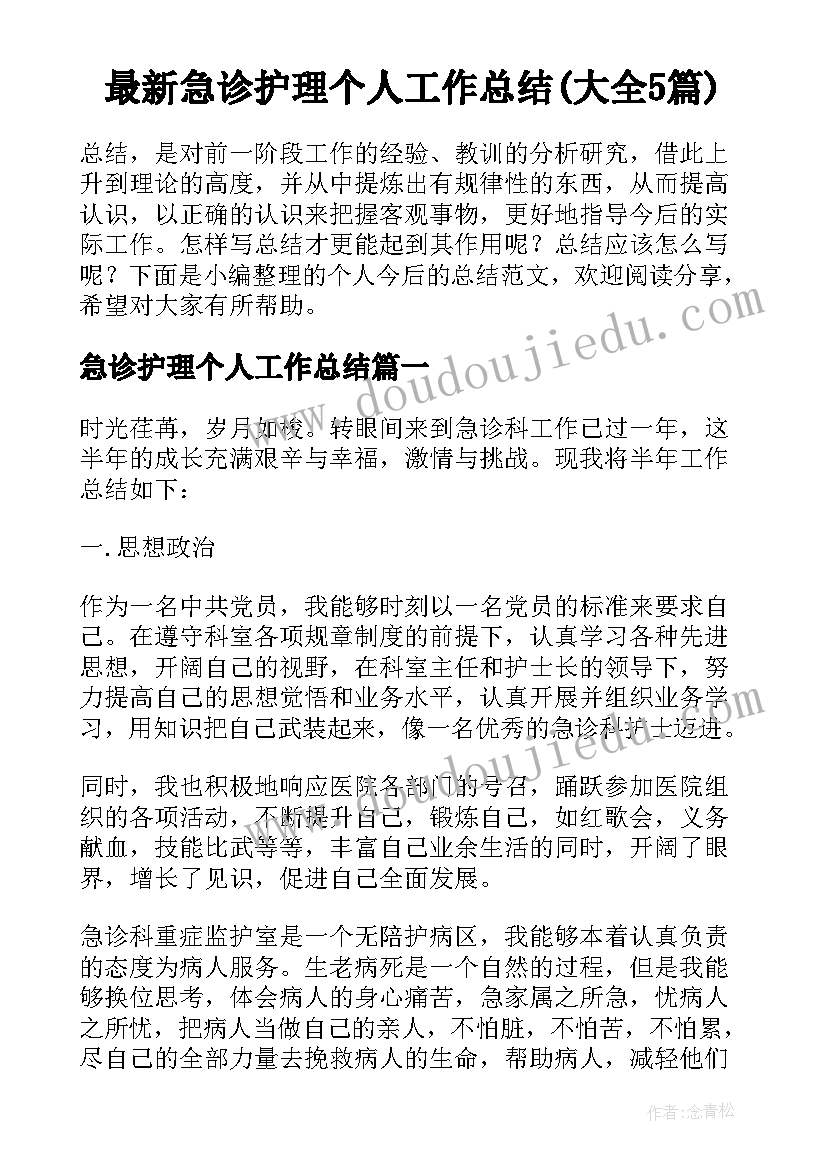 最新急诊护理个人工作总结(大全5篇)