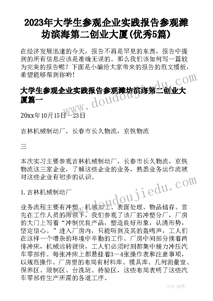 2023年大学生参观企业实践报告参观潍坊滨海第二创业大厦(优秀5篇)