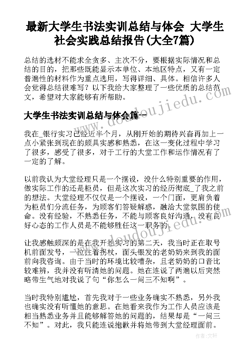 最新大学生书法实训总结与体会 大学生社会实践总结报告(大全7篇)