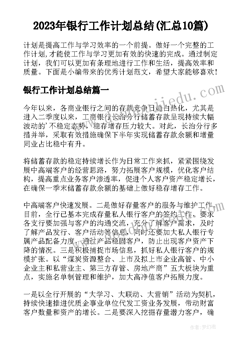 2023年银行工作计划总结(汇总10篇)