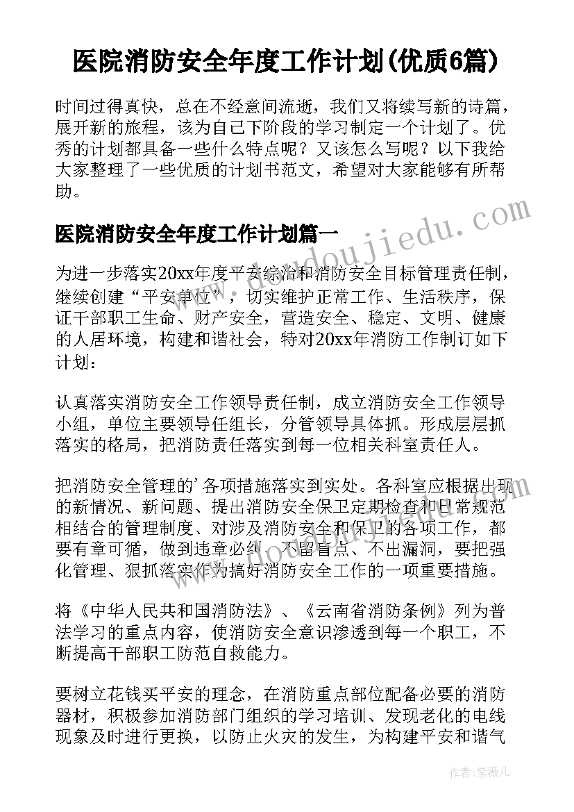 医院消防安全年度工作计划(优质6篇)