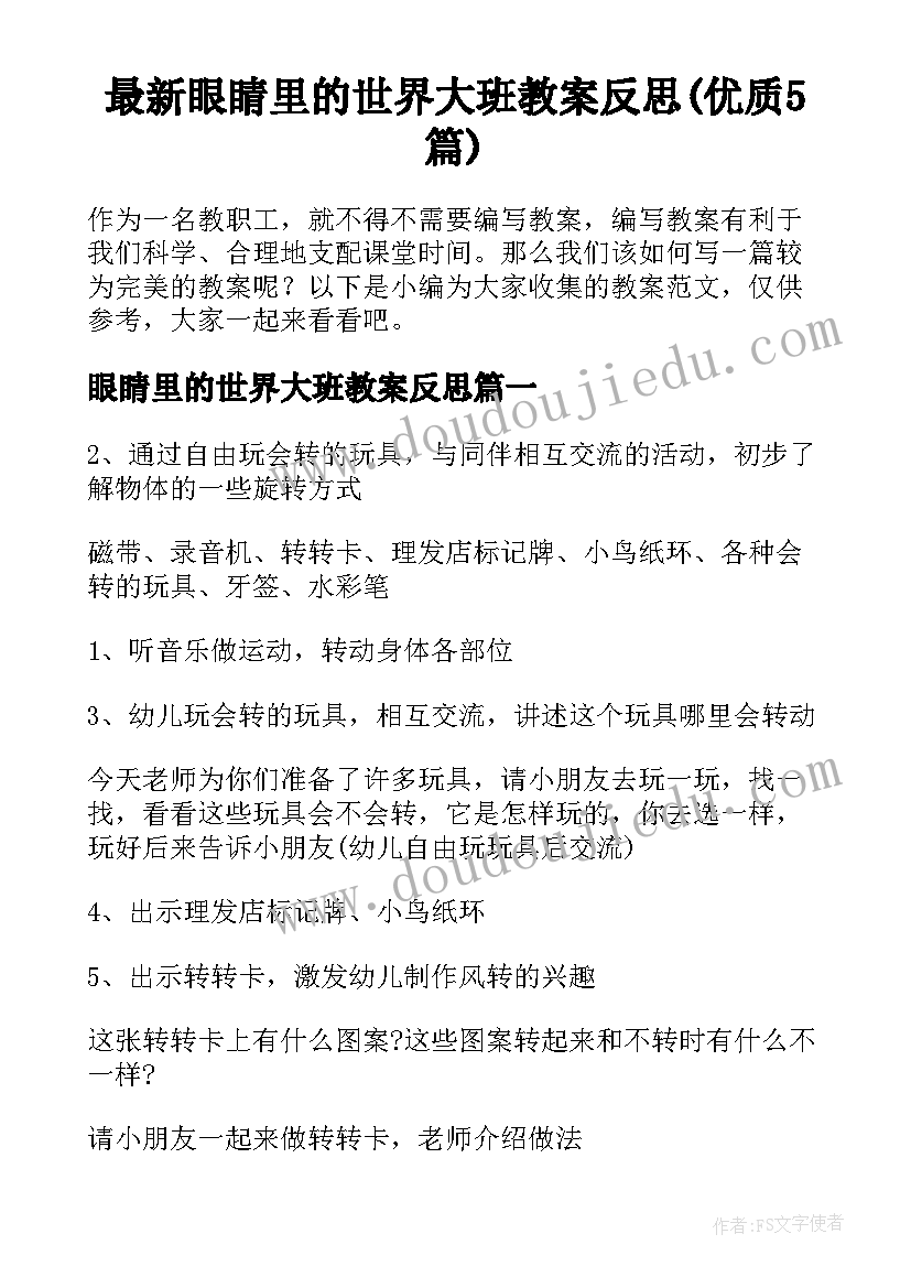 最新眼睛里的世界大班教案反思(优质5篇)