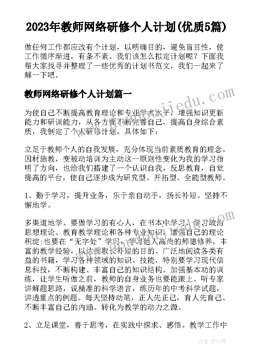 2023年教师网络研修个人计划(优质5篇)