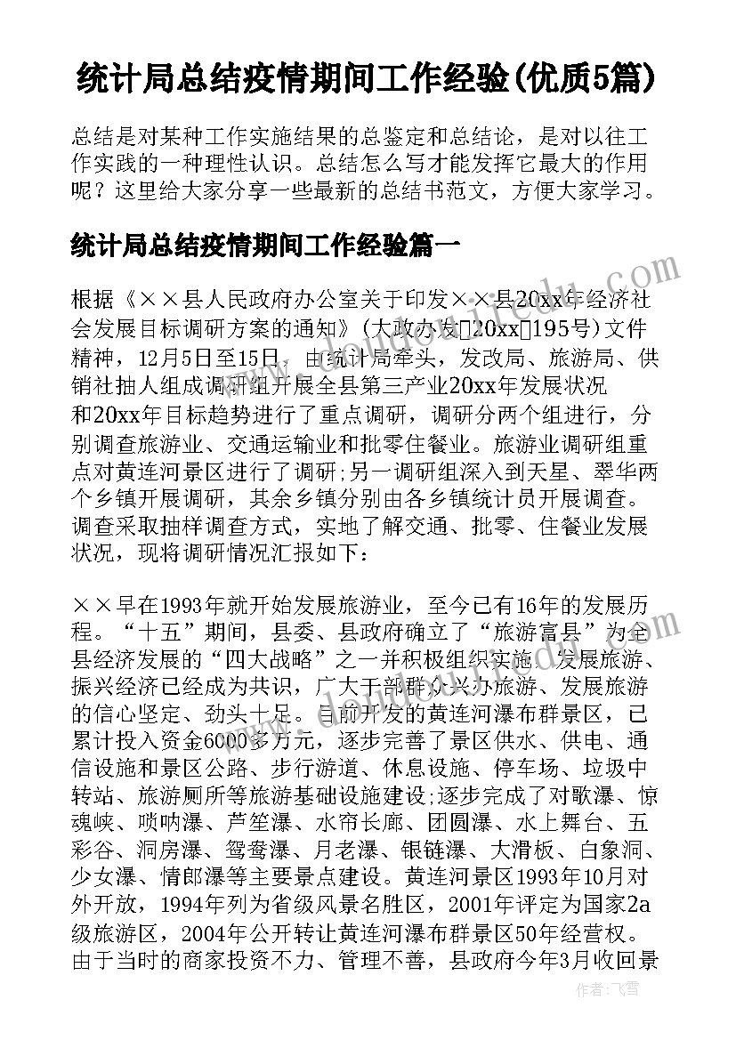 统计局总结疫情期间工作经验(优质5篇)