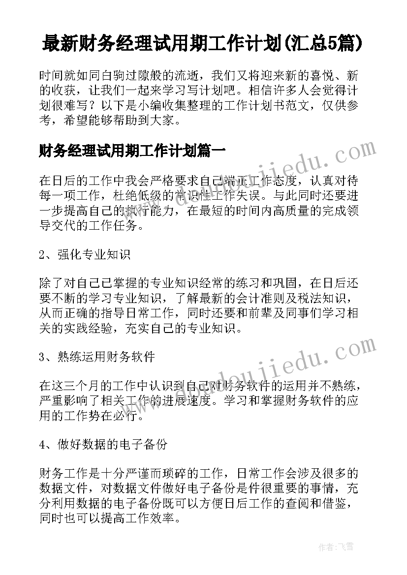 最新财务经理试用期工作计划(汇总5篇)