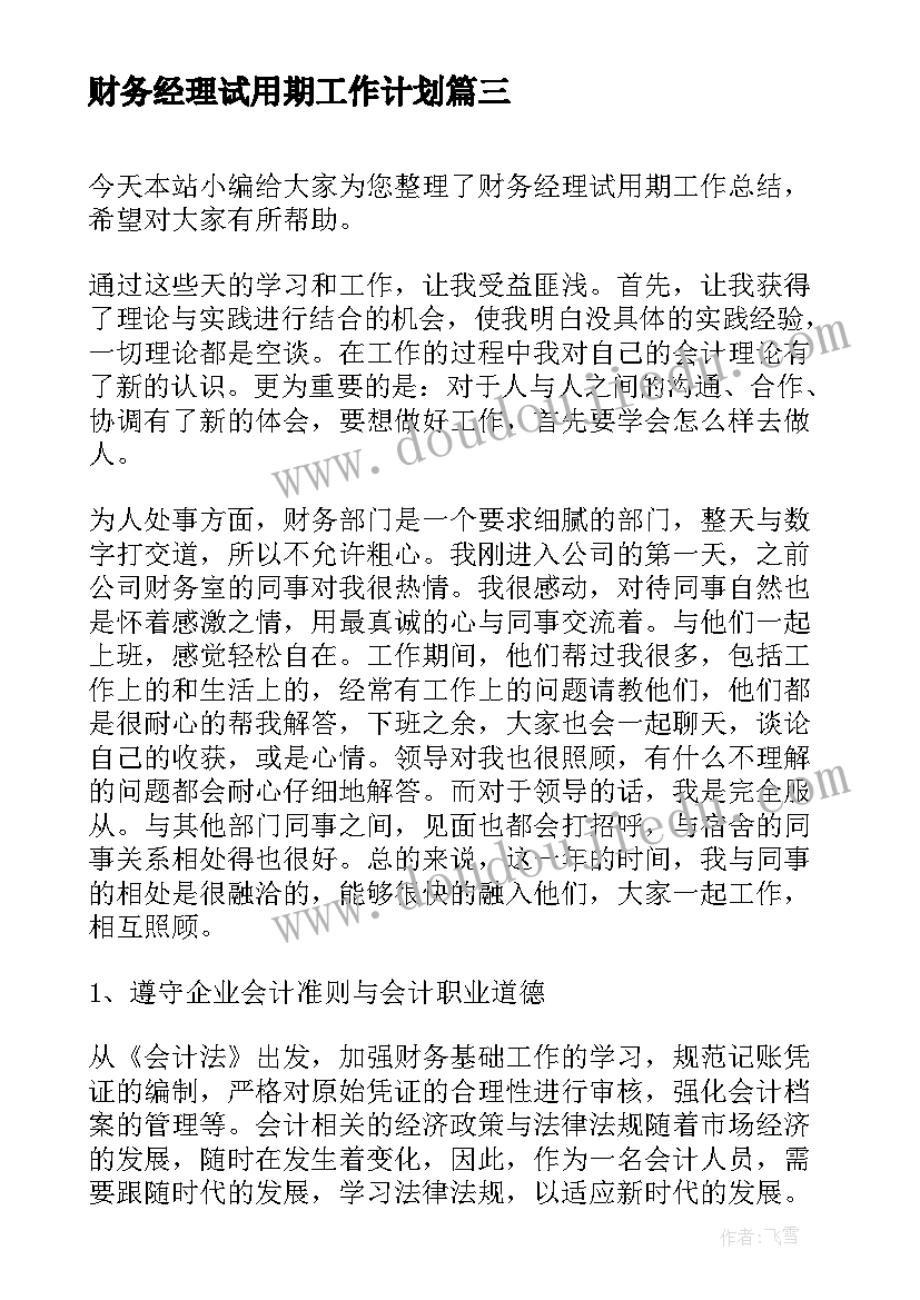 最新财务经理试用期工作计划(汇总5篇)