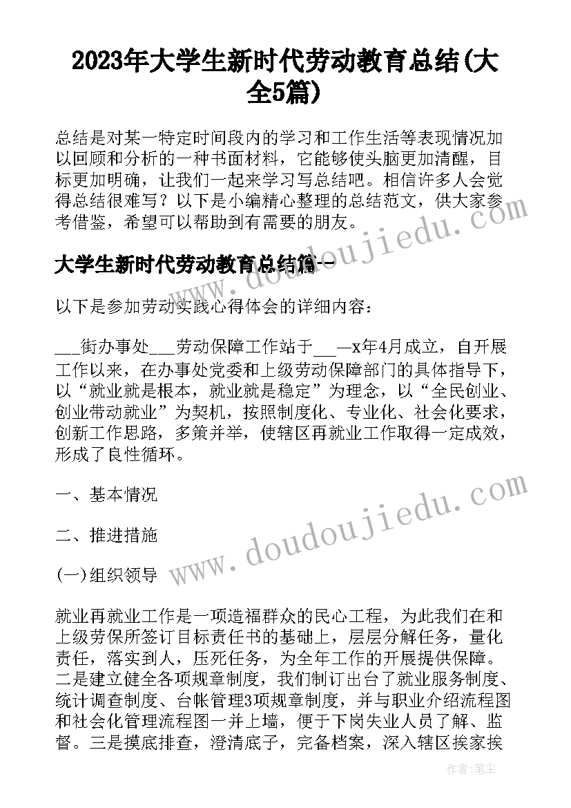 2023年大学生新时代劳动教育总结(大全5篇)