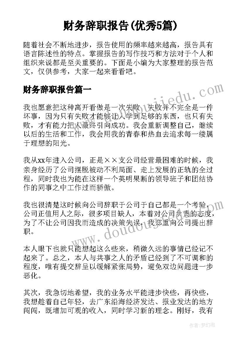 财务辞职报告(优秀5篇)