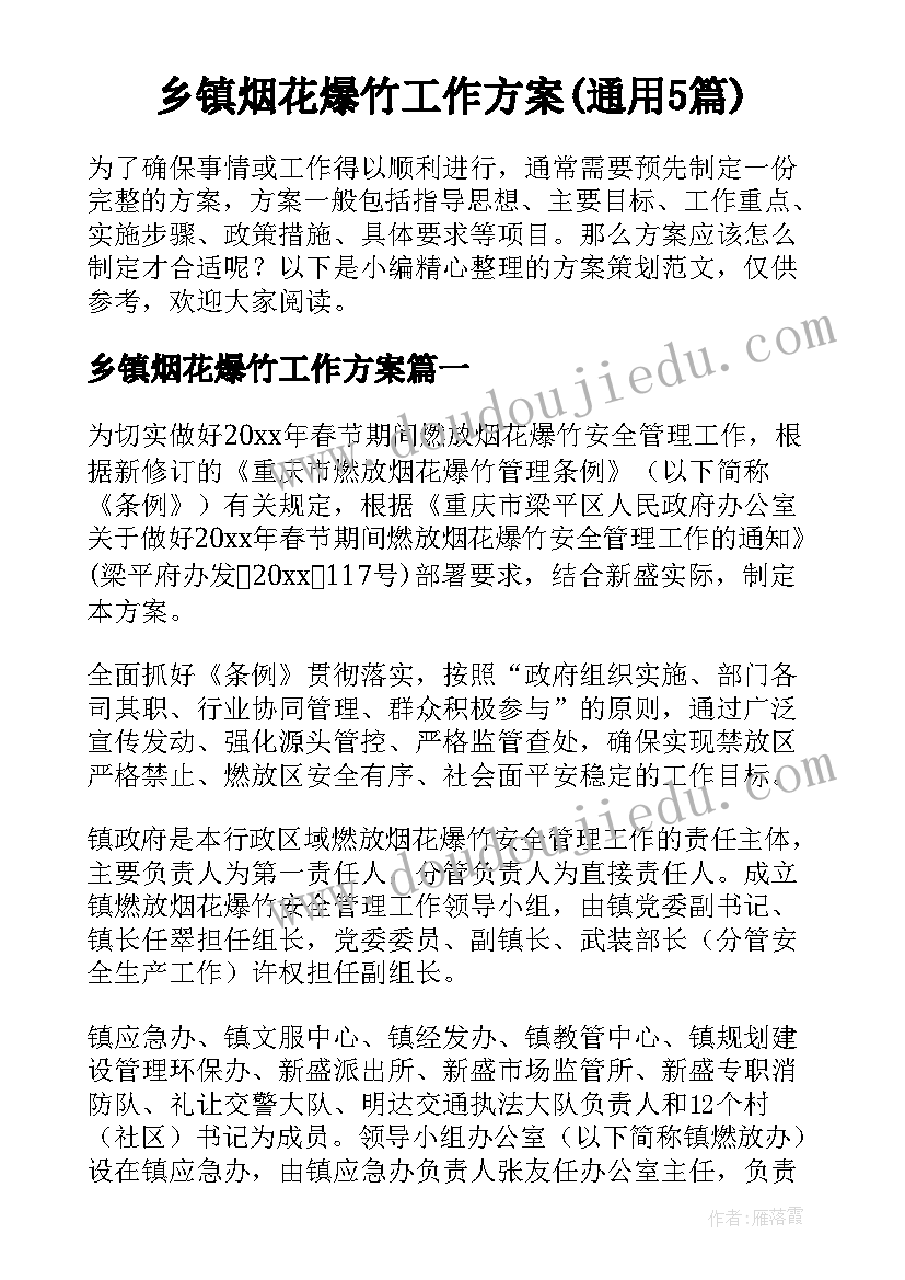 乡镇烟花爆竹工作方案(通用5篇)