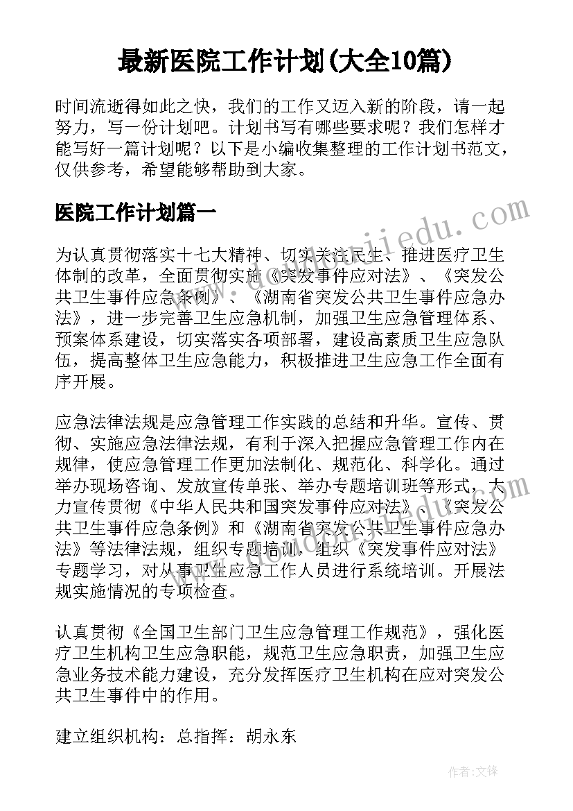 最新医院工作计划(大全10篇)