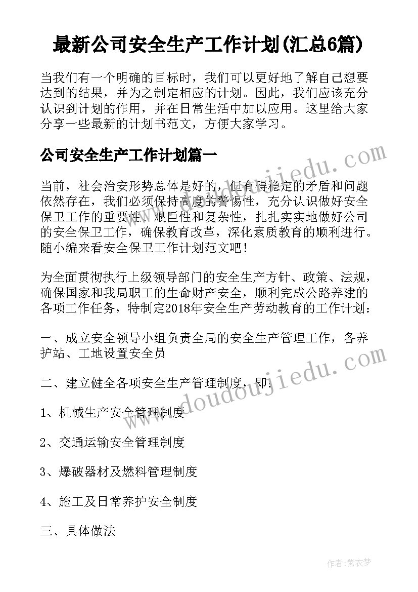 最新公司安全生产工作计划(汇总6篇)