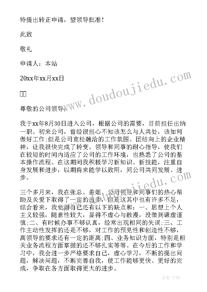 最新公司出纳转正申请书格式(精选8篇)