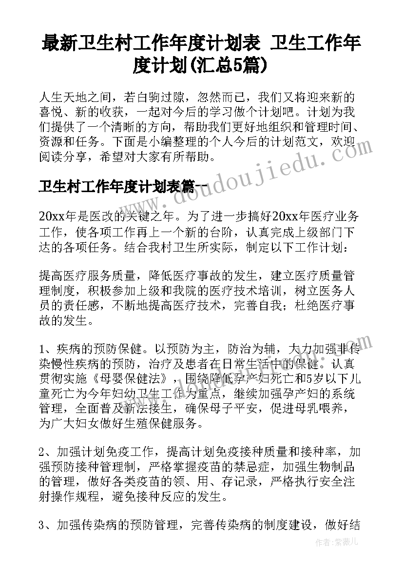 最新卫生村工作年度计划表 卫生工作年度计划(汇总5篇)