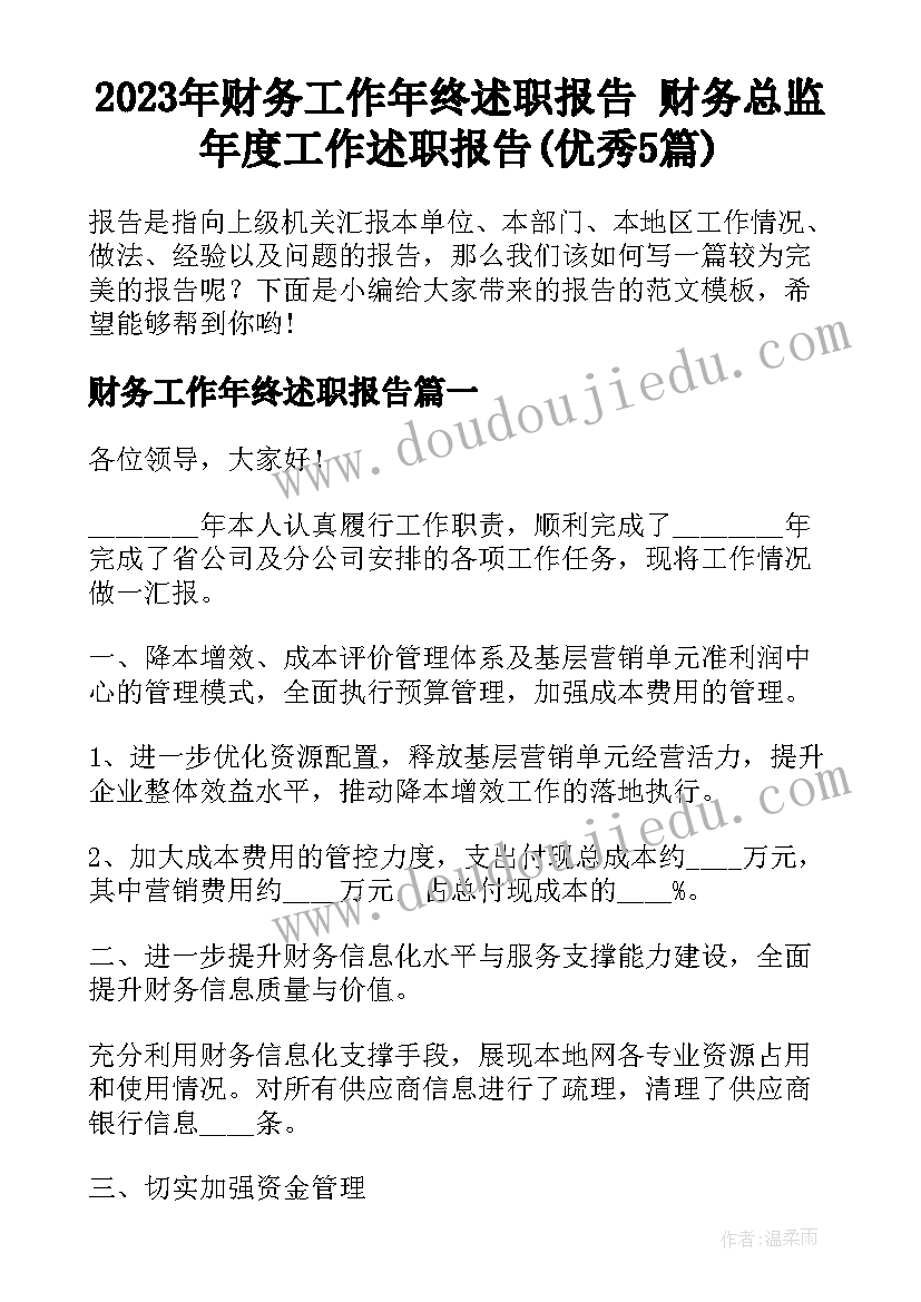 2023年财务工作年终述职报告 财务总监年度工作述职报告(优秀5篇)