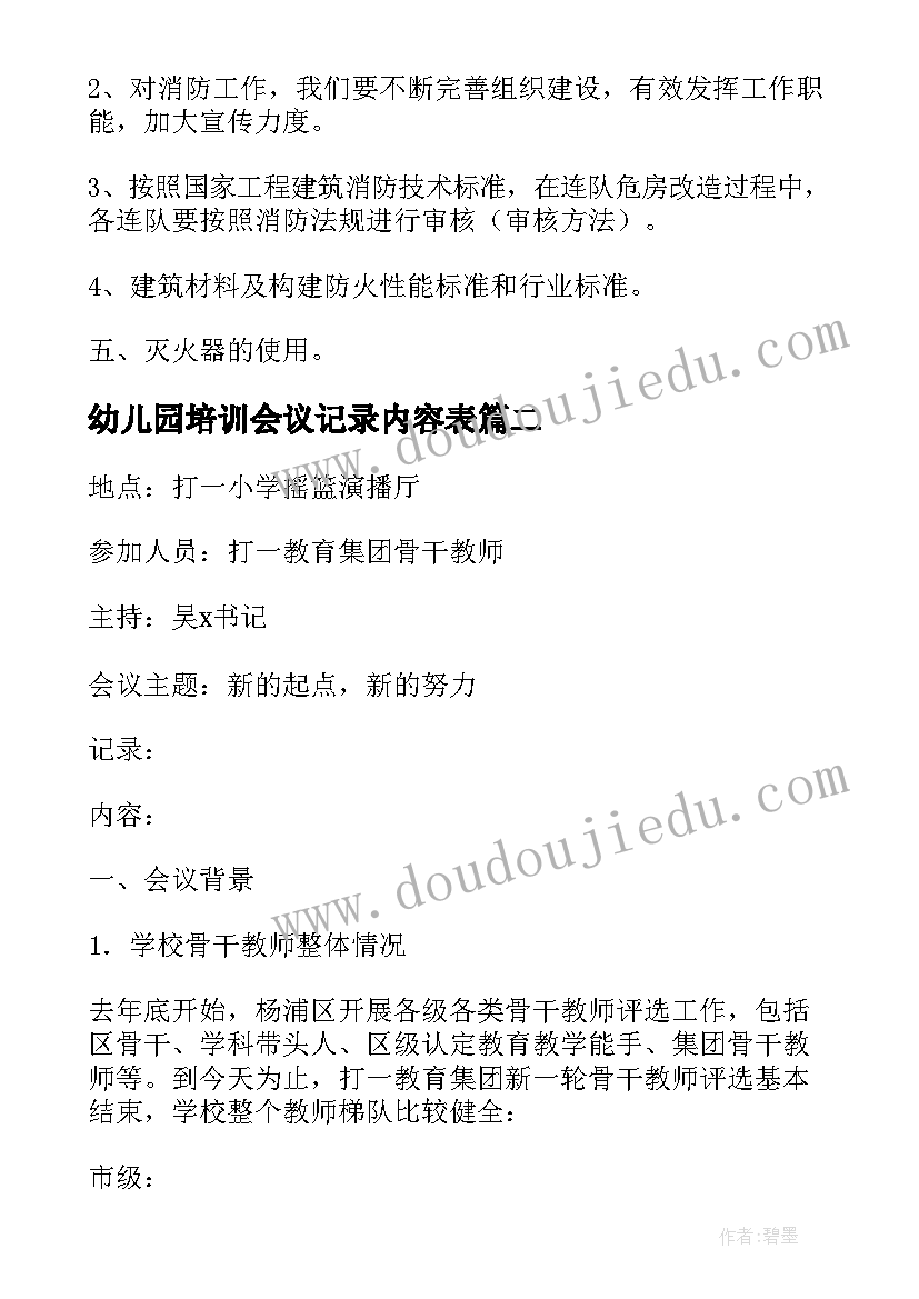 幼儿园培训会议记录内容表(通用5篇)