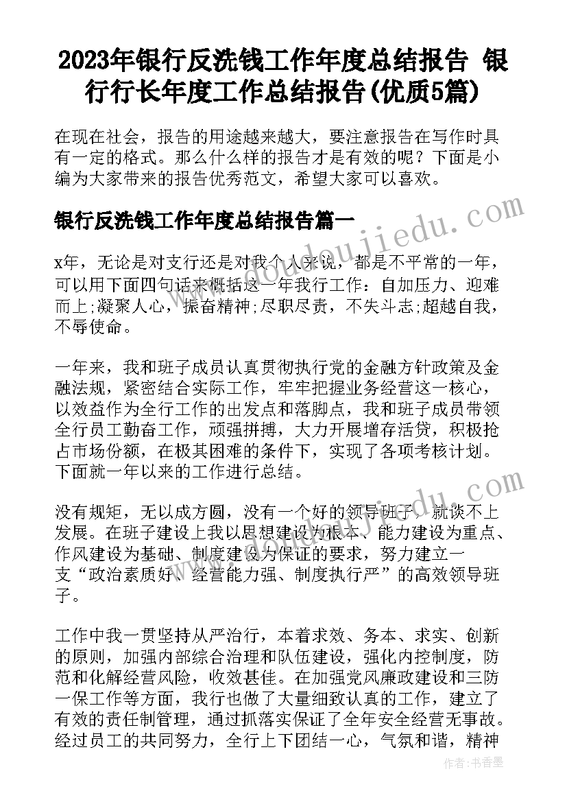 2023年银行反洗钱工作年度总结报告 银行行长年度工作总结报告(优质5篇)